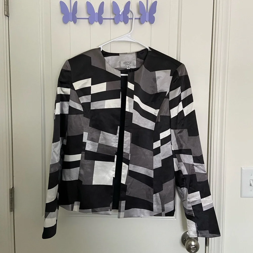 Vintage Kasper women’s geometric block pattern black gray white blazer jacket 10
